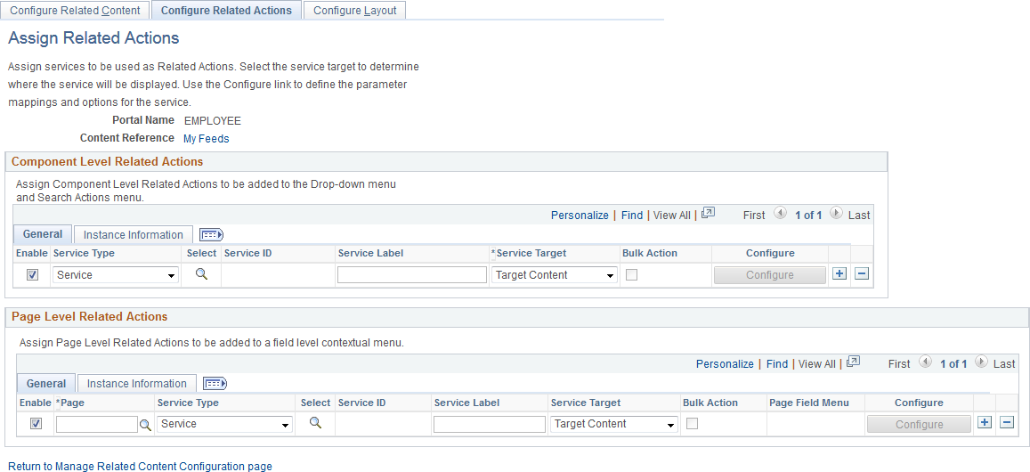 Configure Related Actions page for a content reference