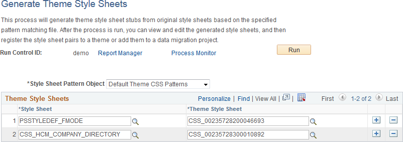 Generate Theme Style Sheets page (before process execution)