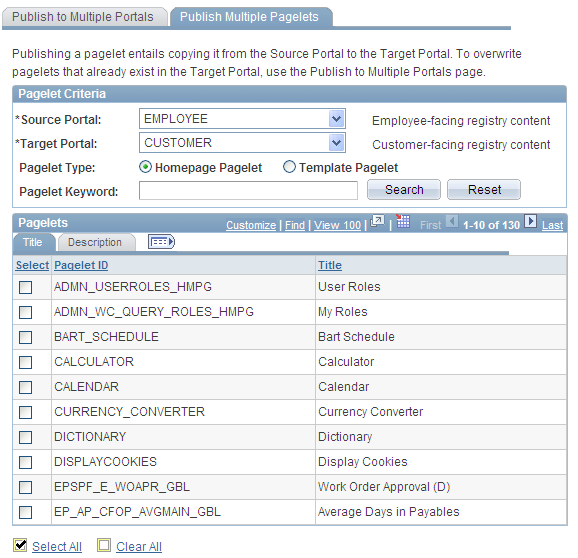 Publish Multiple Pagelets page