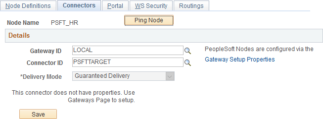 Connectors page showing a default local node