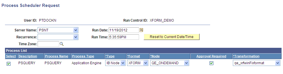 Process Scheduler Request page, IB Node and XFORM