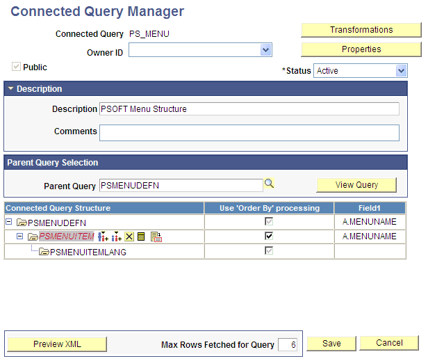 Connected Query Manager page - Use Order By processing column