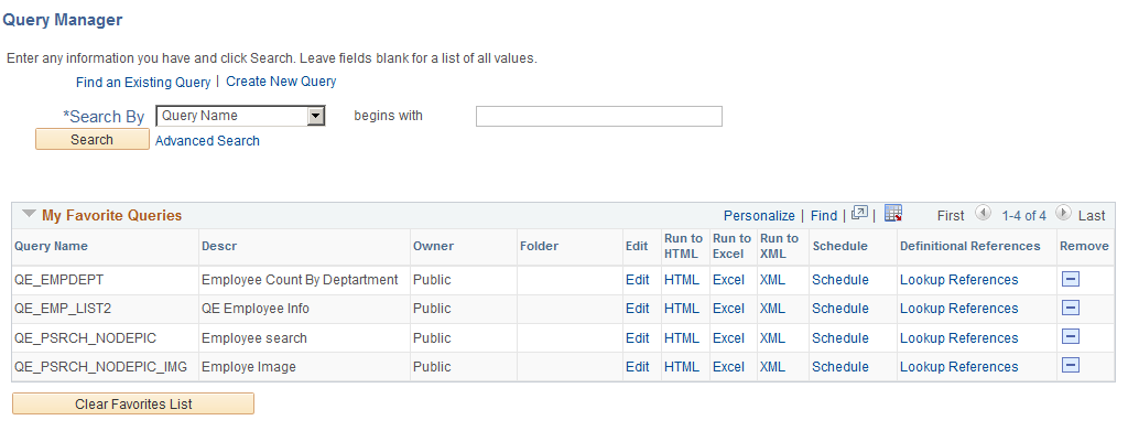Query Manager search page, My Favorite Queries section