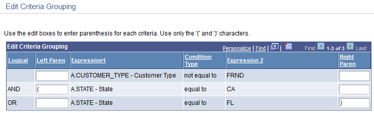Edit Criteria Grouping page, adding parentheses around the last two criteria