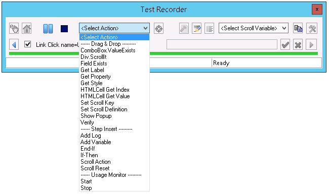 PTF Test Recorder Select Actions drop down