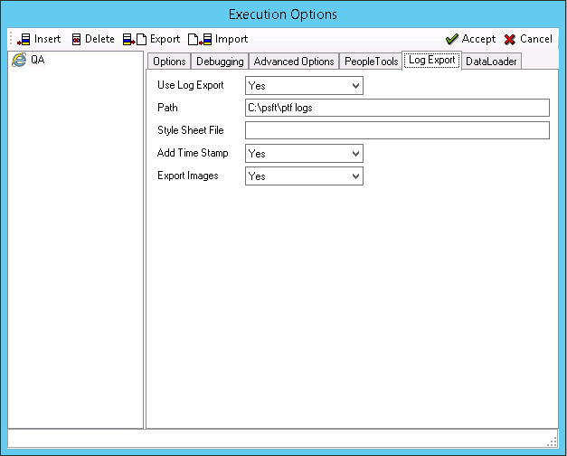 Execution Options dialog box-Log Export tab