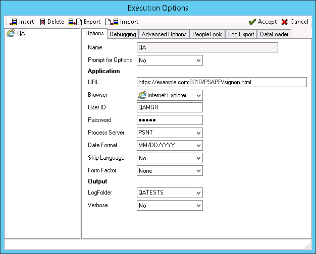 Execution Options-Options tab
