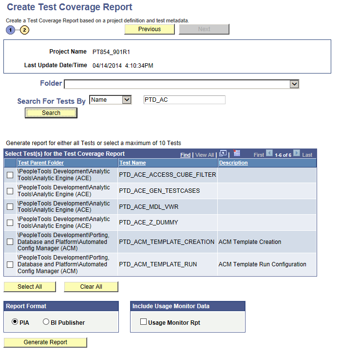 Create Test Coverage Report Wizard: Step 2 of 2
