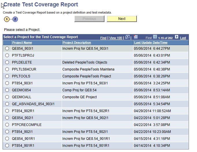 Create Test Coverage Report Wizard: Step 1 of 2