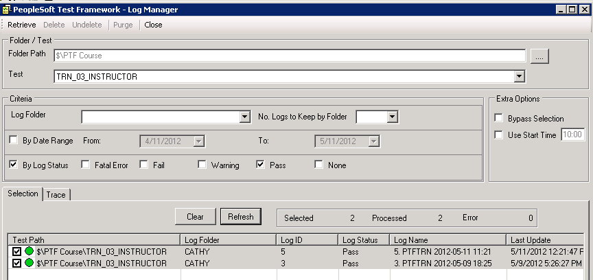Example of PTF Log Manager after Purge