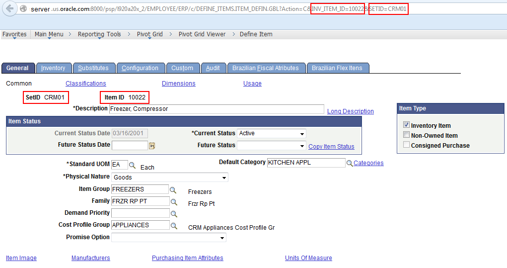 Target component with the context values for SetID and Item ID are passed from the detail view