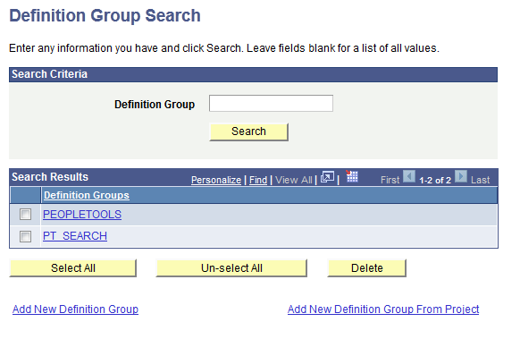 Definition Group Search page displaying search results