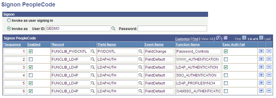 Signon PeopleCode page showing OAMSSO_AUTHENTICATION function enabled