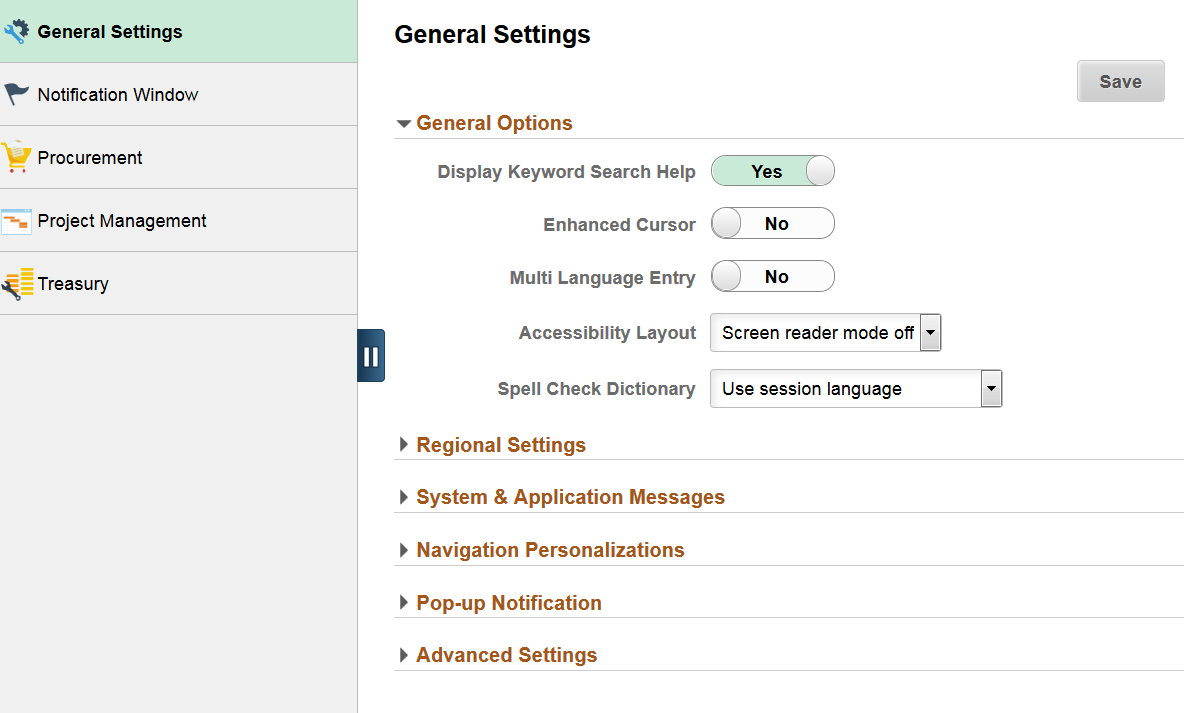 My Preferences page with default and custom preference items defined