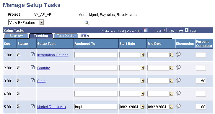 Manage Setup Tasks page, Tracking tab