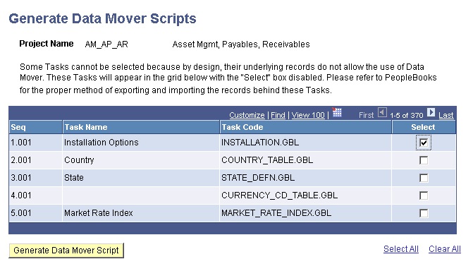 Generate Data Mover Script page (1 of 2)