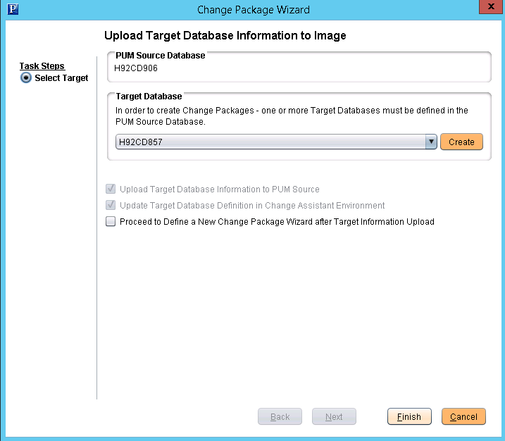 Upload Target Database Information to PUM Source page