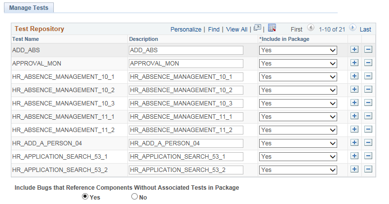 Manage Tests page
