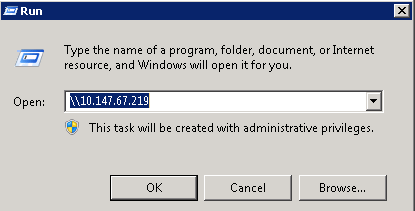 Microsoft Windows Run dialog box with IP address