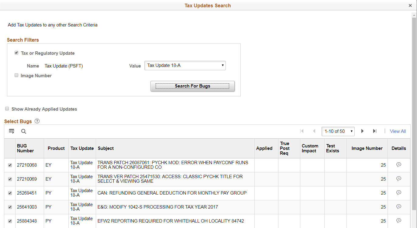 Tax Updates Search page