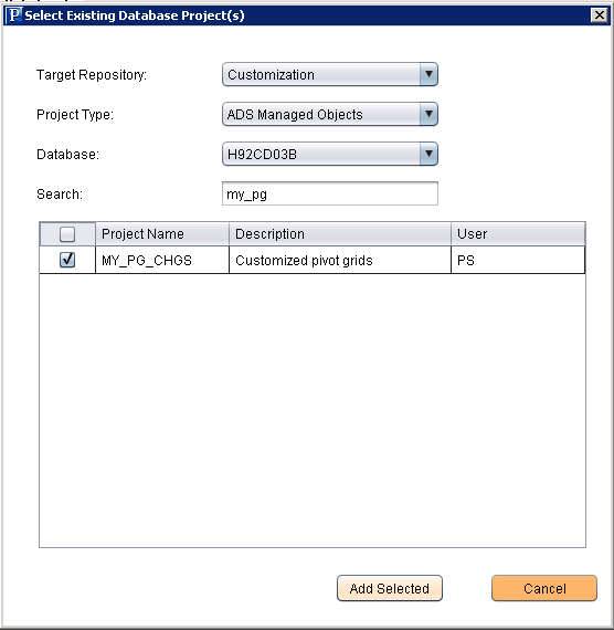 Select Existing Database Project(s) page