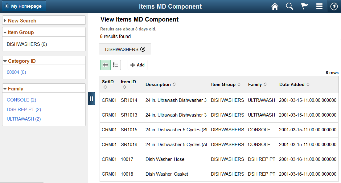 Keyword search results in a fluid application