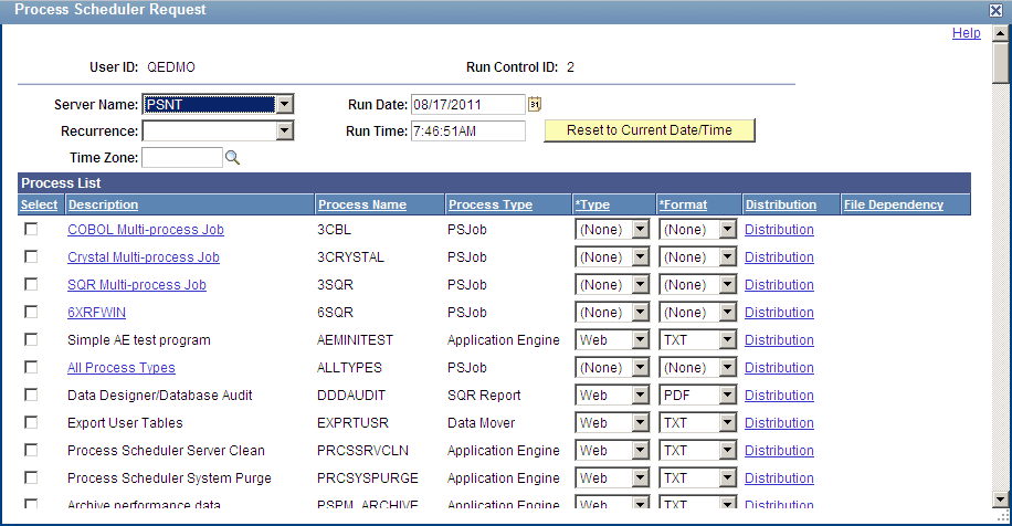 Process Scheduler Request page