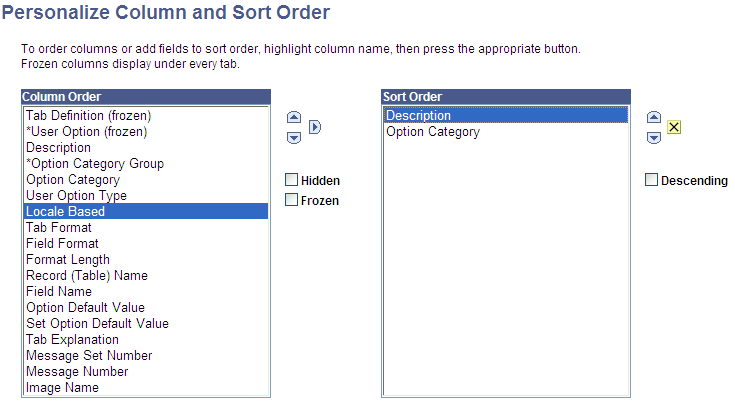 Personalize Column and Sort Order page