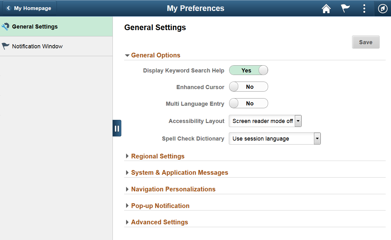 My Preferences - General Settings page