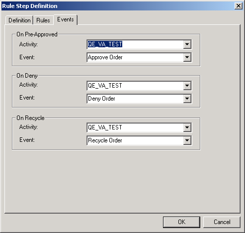 Rule Step Definition dialog box, Events tab