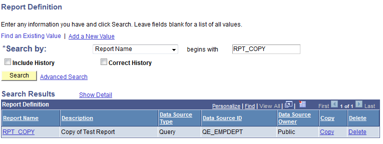 Report Definition Search page (Deleting a report definition)