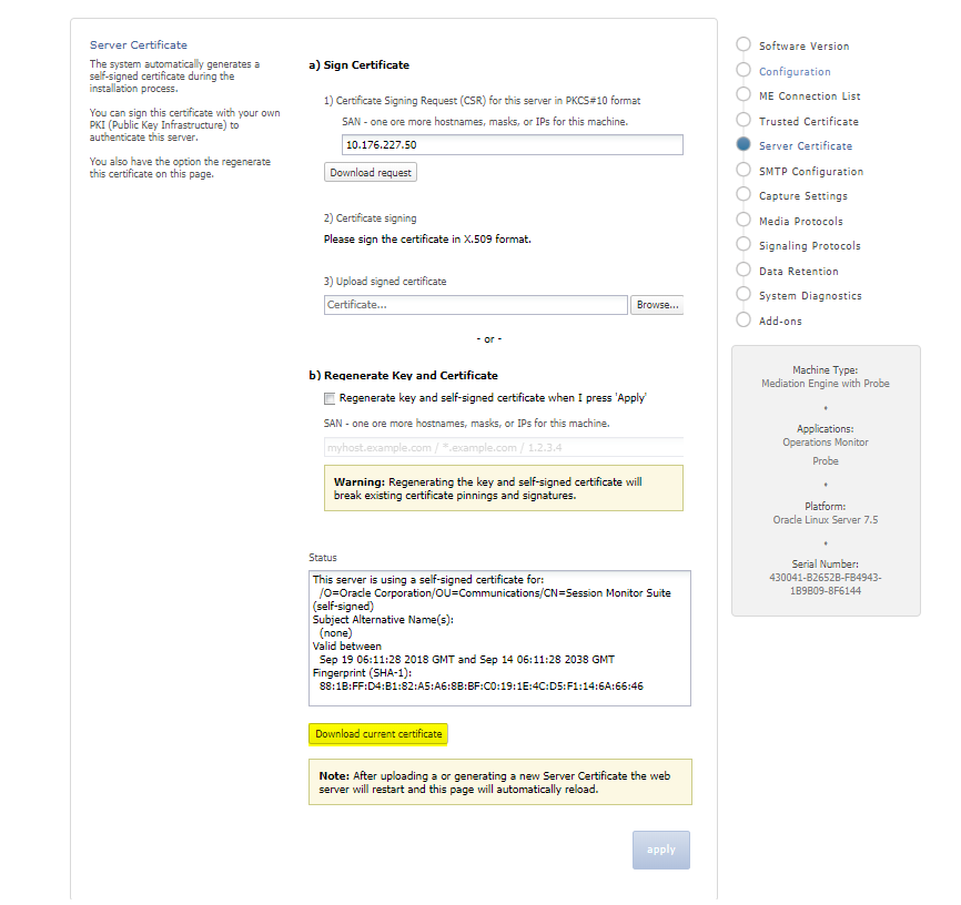 The figure shows the server certificate for uploading certificates to connect to Mediation Engine.