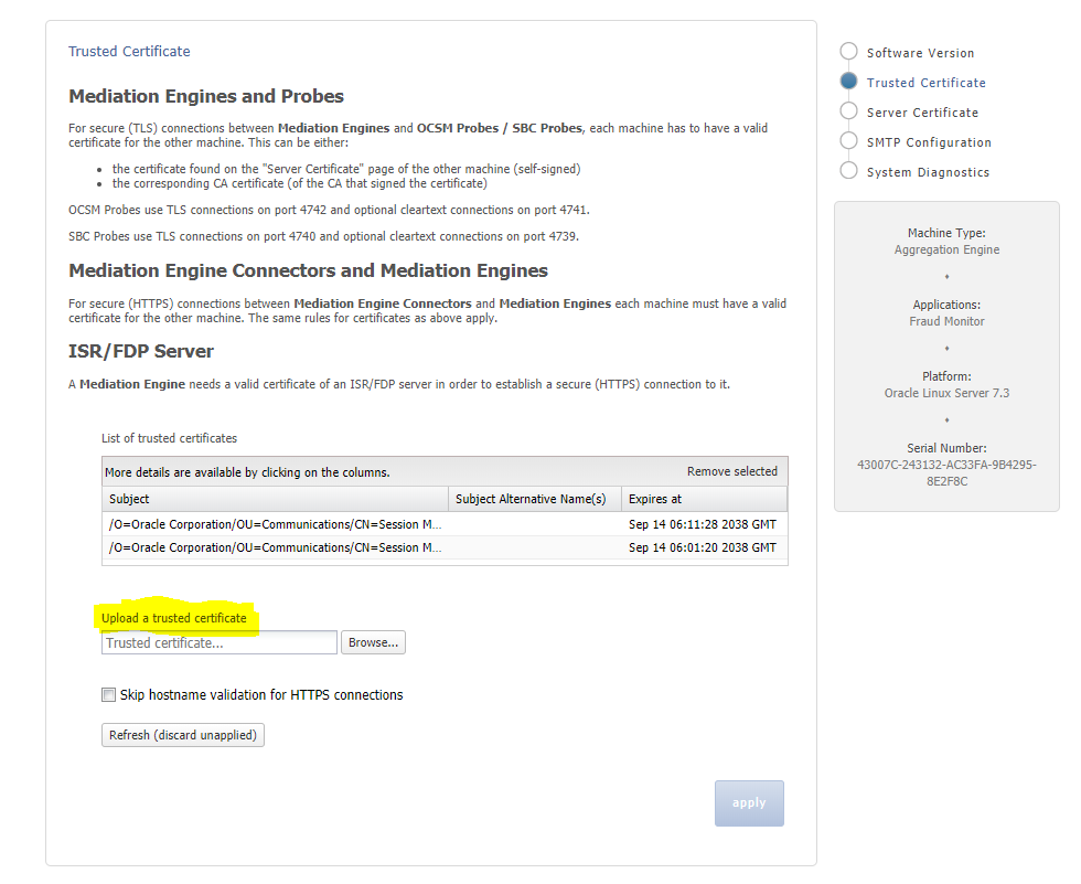This figure shows the Trusted Certificate for uploading certificates.
