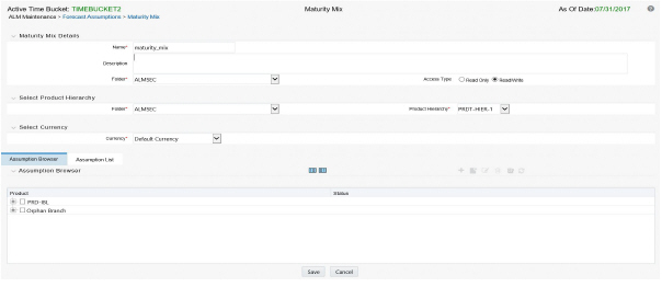 This illustration shows the Maturity Mix window that allows you to create a new Maturity Mix rule. Enter the rule name and description, and select the product hierarchy and currency. From the Assumption Browser tab, select the product using the corresponding check box and click Add +. Click Save. You will be navigated to the Maturity Mix Details page.