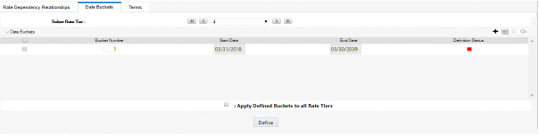 This illustration shows the Terms tab of the Maturity Mix Rule window to de-fine the Term parameters for selected rate tier. You must enter the param-eter details and click Apply. See the following table for parameter details.