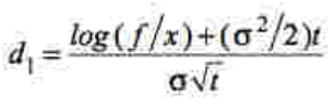 Title: Description of d1 formula used in call option and put option follows - Description: The illustration shows the formula to calculate the d1 value in call option and put option.