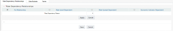 This illustration shows the Rate Dependency Relationship tab of the Maturity Mix window that allows you to select the rate dependency pattern for Ma-turity Mix rule. You must enter the parameter details and click Apply. See the following table for parameter details.