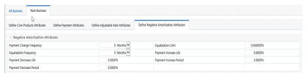 Define Negative Amortization Attributes secondary tab to define the Product Characteristic