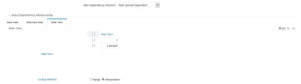 This illustration shows the Base Rate tab of Rate Dependency Relationship section after selecting the Rate Spread Dependent option from the Rate Dependency Selection drop-down list in the Rate-Dependency Pattern win-dow. You must enter the parameter details as mentioned in Table  1 and click Save.