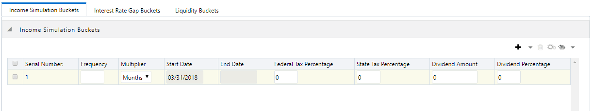 This illustration shows the Income Simulation Buckets tab of the Time Bucket Rule window. You must follow these steps. Add Rows and enter Frequency, Multiplier, Federal Tax Percentage and State Tax Percentage, Dividend Amount and Dividend Percentage, and then click Save.