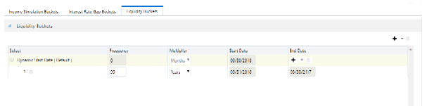 This illustration shows the Liquidity Buckets section of Time Bucket Rule window. You must follow these steps. Add a Row and enter the Frequency, Multiplier, Start Date, End Date for Default Dynamic Start Date, and then click Save.