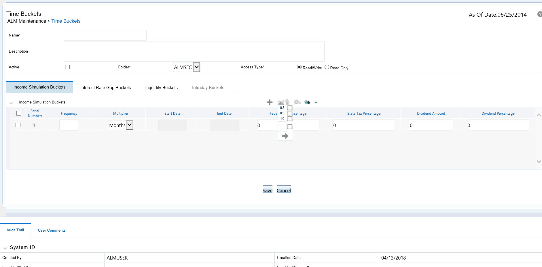 This illustration shows the Time Bucket Rule window that allows you to define the new Time Bucket definition used for computing and outputting aggregated cash flows. Enter the rule name and description. You must have an Active Time Bucket Rule at all times. Use the Active checkbox to activate or deactivate time bucket. You must enter the pa-rameter details in the three bucket tabs: Income Simulation Buckets, Interest Rate Gap Buckets, and Liquidity Buck-ets.
