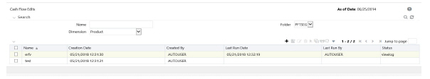 This illustration shows the Cash Flow Edits window or pane. Select the checkbox next to the Cash Flow Edit rule that you want to View, Edit, Copy, or Delete. Click Plus to create a new Cash Flow Edit rule. You can search a Cash Flow Edit rule using Rule Name, Folder, and Dimension fields. The search list shows the Cash Flow Edit details with Name, Creation Date, Created By, Last Run Date, and Last Run By.