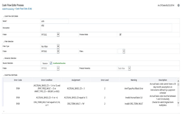 This illustration shows the Cash Flow Edit Process window that allows you to define the new Cash Flow Edit Rule. Enter the rule name and description, select the Folder and Preview Mode. You must enter the parameter details and click Apply. See the following table for parameter details.