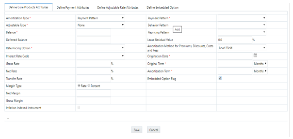 Description of the Core Products Attributes tab for defining On-Balance Sheet transaction