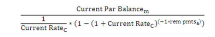 Title: Description of the Current Payment formula follows - Description: The illustration shows the formula to calculate Current Payment, if AMRT_TYPE_CD is 100 and 500.