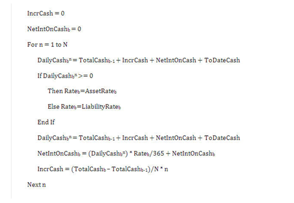 Description of  formula to calculate the interest for each modeling bucket follows