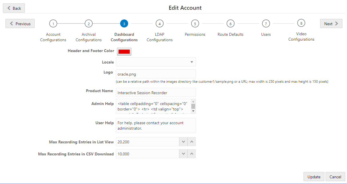This screenshot shows the Accounts' Dashboard Configurations page.
