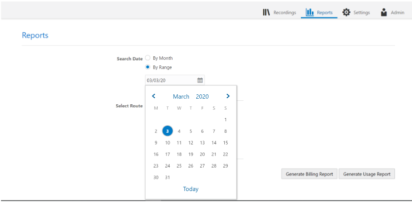 This screenshot shows the Reports page with the calendar control and date picker expanded. This screenshot shows the Reports page with the calendar control and date picker expanded.
