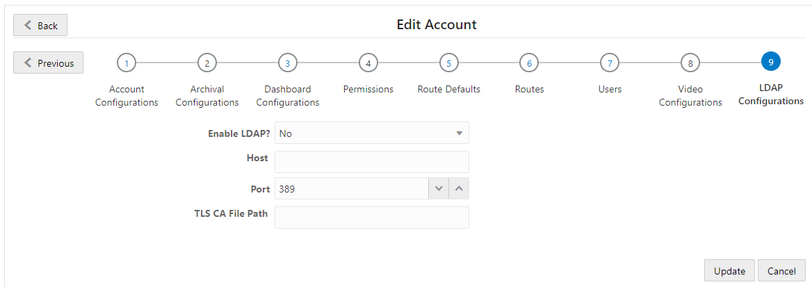 This screenshot shows the Accounts LDAP Configurations page. This screenshot shows the Accounts LDAP Configurations page.